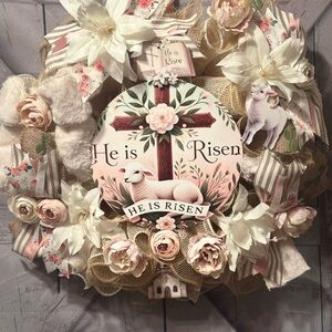 Cream and Pink Easter Wreath with Cross and Egg Ornaments